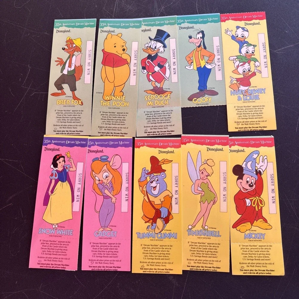 Set of 10 Disneyland 1990 Dream Machine Tickets, Gadget Tummi Tinker Pooh & More